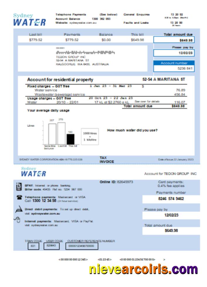Sydney Water utility business bill, KA